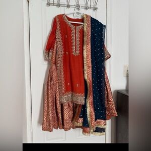 Elegant Red and Blue Long Sleeve Dress